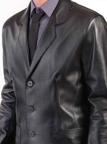 Three-Button Black Leather Blazer - Men's Leather Coat