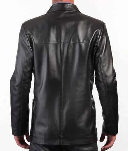 Three-Button Black Leather Blazer - Men's Leather Coat