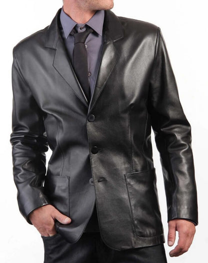 Three-Button Black Leather Blazer - Men's Leather Coat