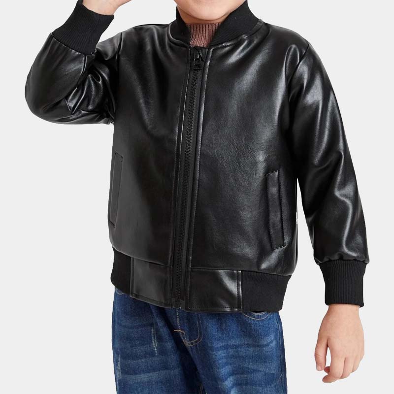 Toddler Boy Real Lambskin Leather Bomber Jacket In Black With Soft Satin Lining