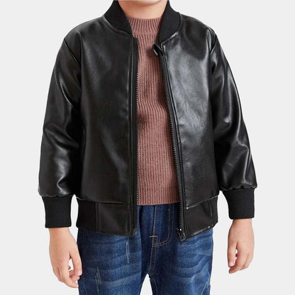 Toddler Boy Real Lambskin Leather Bomber Jacket In Black With Soft Satin Lining
