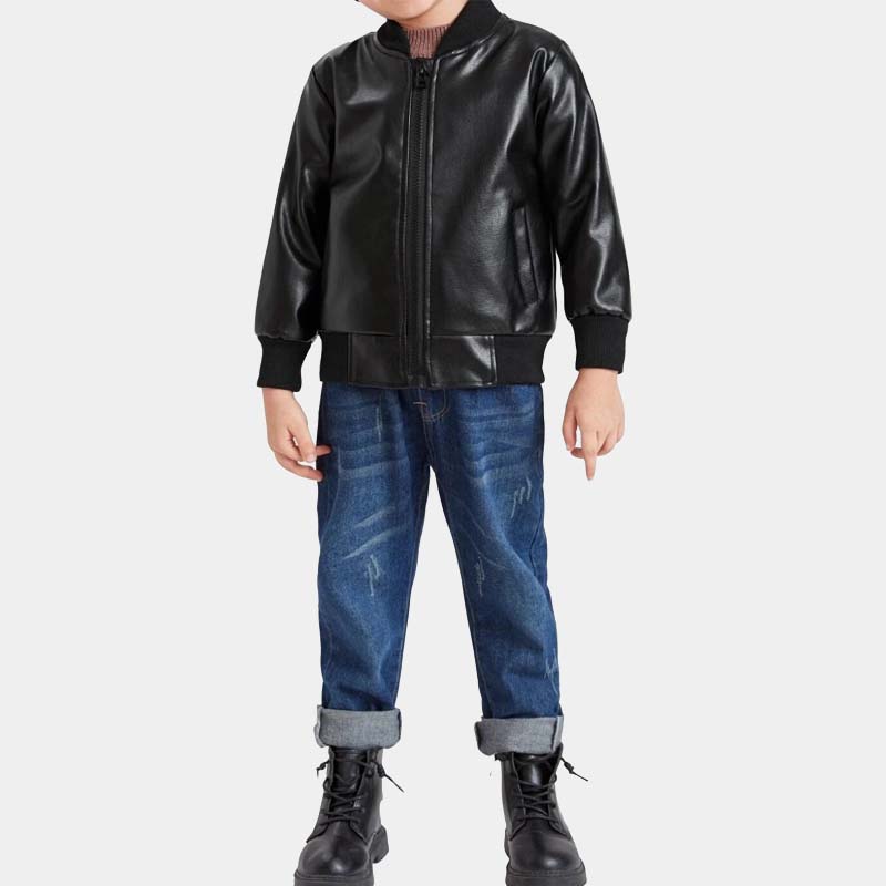 Toddler Boy Real Lambskin Leather Bomber Jacket In Black With Soft Satin Lining
