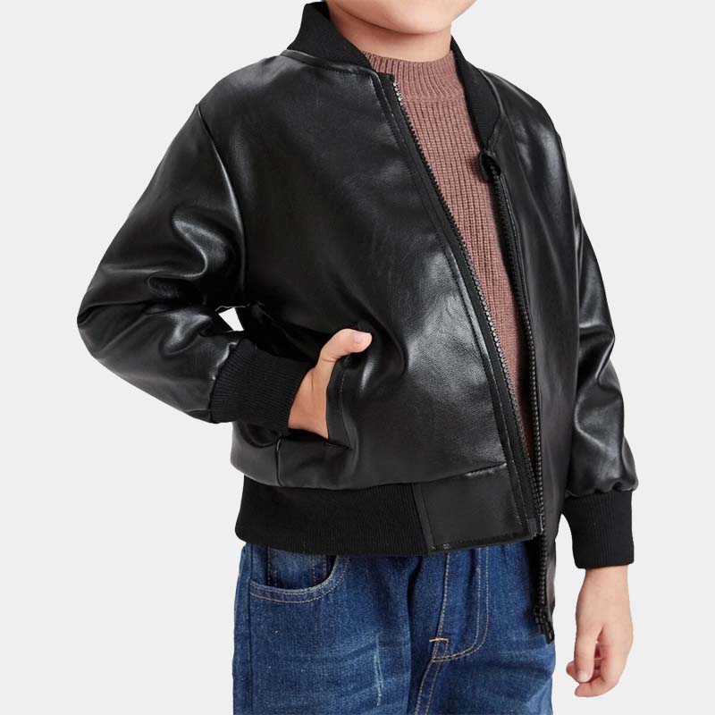 Toddler Boy Real Lambskin Leather Bomber Jacket In Black With Soft Satin Lining