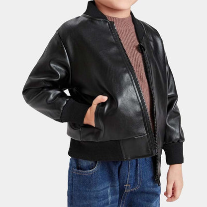 Toddler Boy Real Lambskin Leather Bomber Jacket In Black With Soft Satin Lining