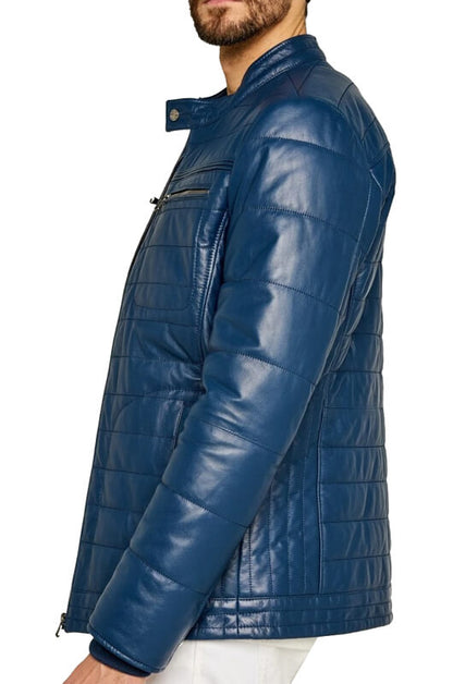 Men's Blue Leather Jacket - Striped Stitching Casual Jacket