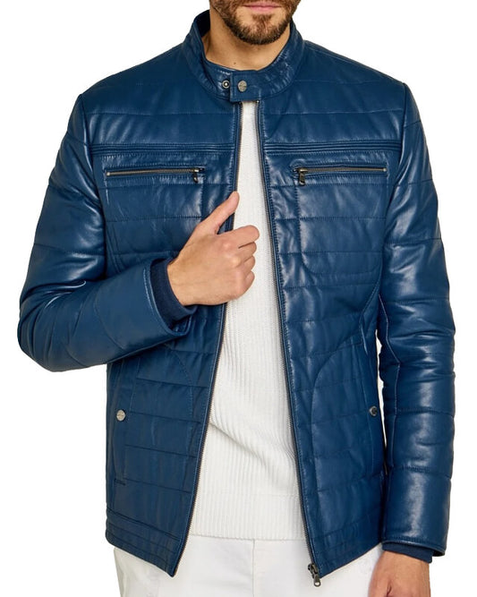 Men's Blue Leather Jacket - Striped Stitching Casual Jacket