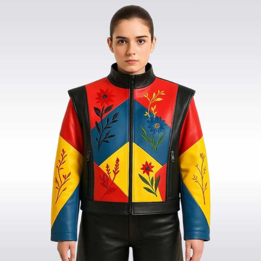 Unisex Geometric Color Block Leather Jacket