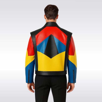 Unisex Geometric Color Block Leather Jacket