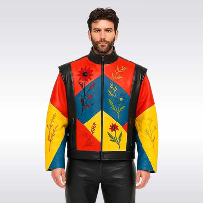 Unisex Geometric Color Block Leather Jacket