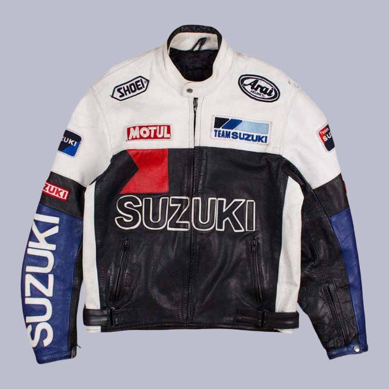Unisex Suzuki Motorcycle Genuine Cowhide Leather Racing Jacket front view
