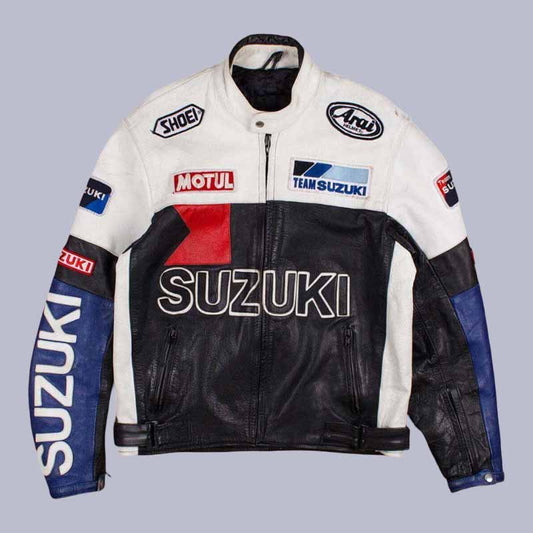 Unisex Suzuki Motorcycle Genuine Cowhide Leather Racing Jacket front view