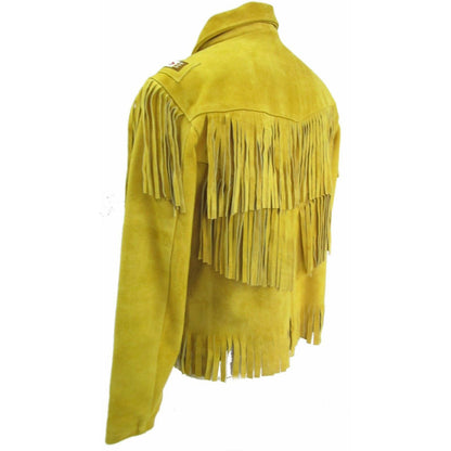 Unisex Yellow Suede Jacket | Vintage Cow-boy Fringes & Beads Coat