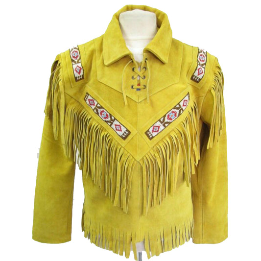 Unisex Yellow Suede Jacket | Vintage Cow-boy Fringes & Beads Coat
