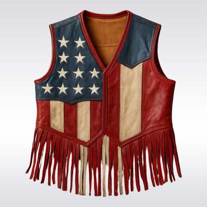 USA Leather Fringe Vest - Patriotic Western Style Biker Vest