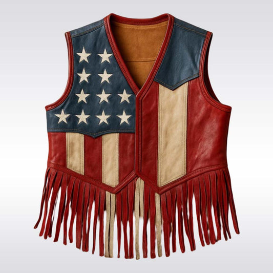 USA Leather Fringe Vest - Patriotic Western Style Biker Vest