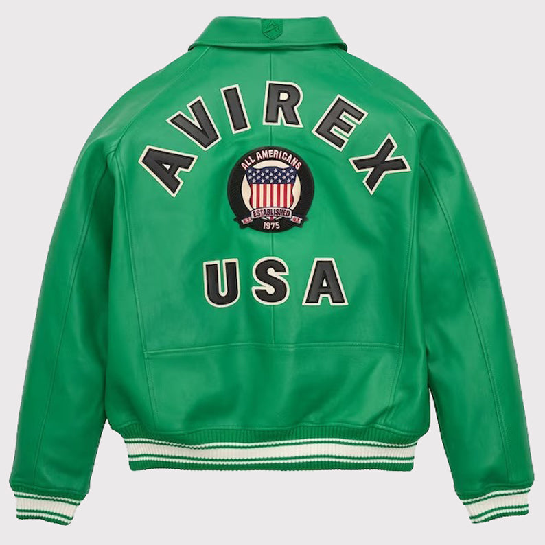 USA Edition Military Bomber Leather Jacket - Green Icon