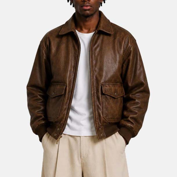 Classic brown leather bomber jacket with shirt-style collar