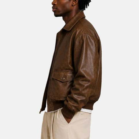 Relaxed fit men’s brown distressed leather bomber jacket