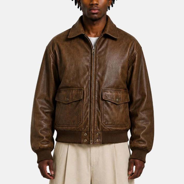 Men’s vintage brown distressed genuine leather bomber jacket