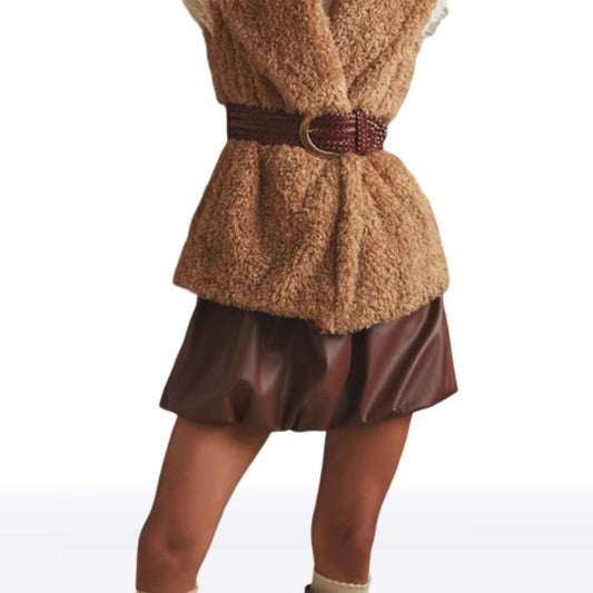 Vintage Brown Leather Bubble Skirt for Women