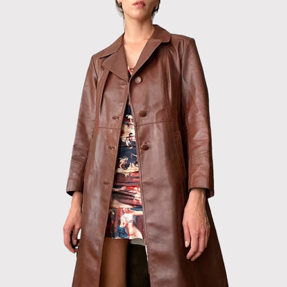 Vintage Chocolate Brown Leather Trench Coat