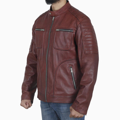 Vintage Men's Maroon Cafe Racer Leather Jacket