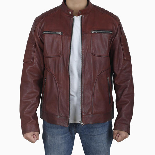 Vintage Men's Maroon Cafe Racer Leather Jacket