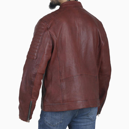 Vintage Men's Maroon Cafe Racer Leather Jacket