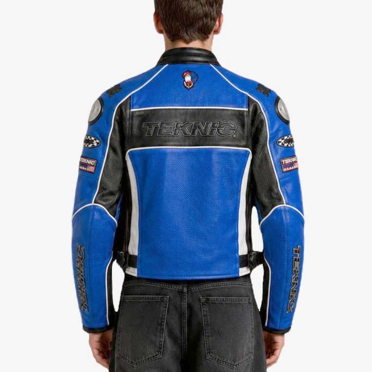 Blue black and white genuine leather motorcycle racing jacket