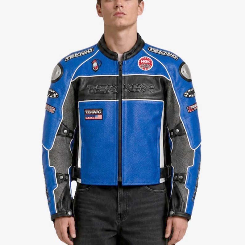 Vintage TEKNIC blue leather motorcycle racing jacket with Y2K style