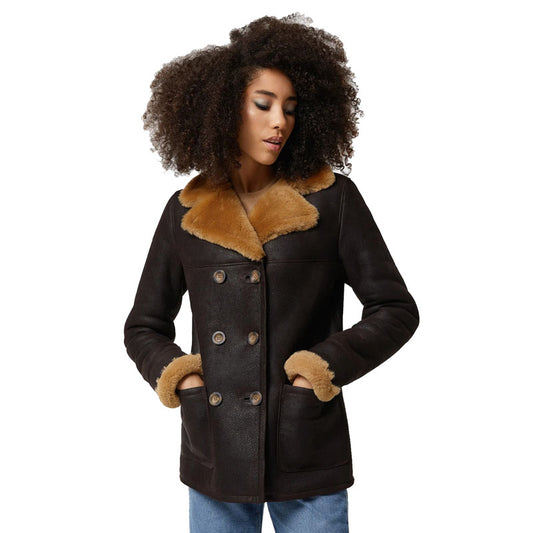 Women's Washed Brown Shearling Peacoat with Ginger Fur