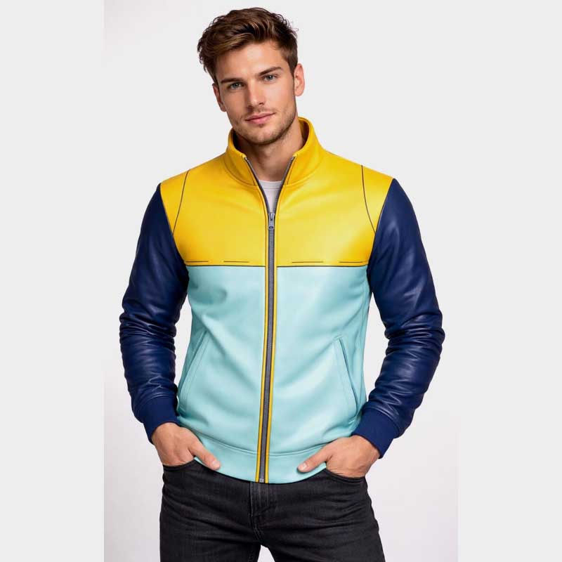 Waterboy inspired Herman superhero leather jacket with yellow and blue panels and white collar