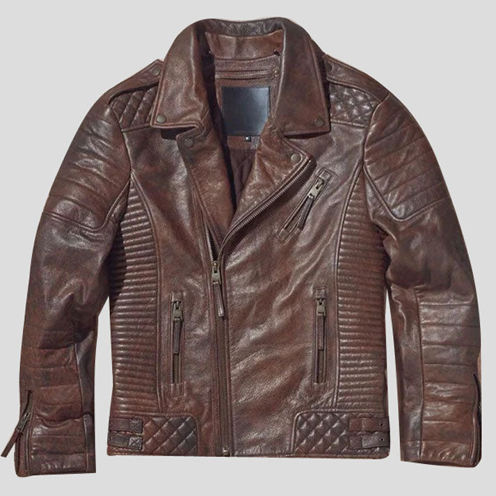 Waxed Brown Biker Leather Motorcycle Jacket - Classic Style