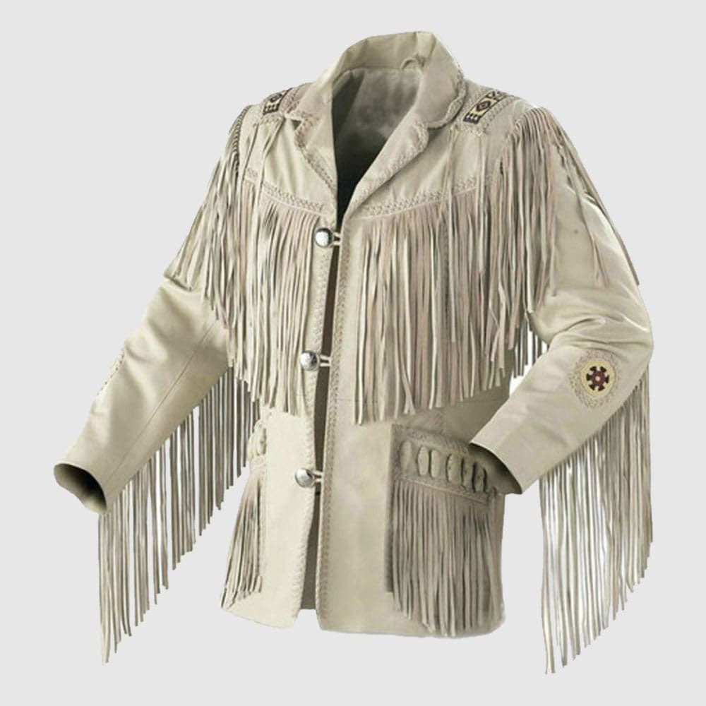 Western Men Cowboy White Suede Leather Jacket