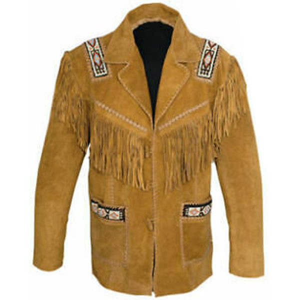 Western Men's Cow-boy Fringed and Beaded Suede Leather Coat