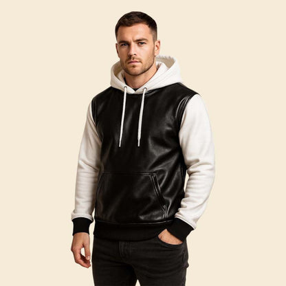 New white and black leather hoodie jacket made from genuine sheep leather by Jackets Kingdom