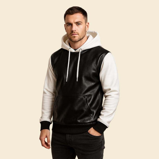 New white and black leather hoodie jacket made from genuine sheep leather by Jackets Kingdom