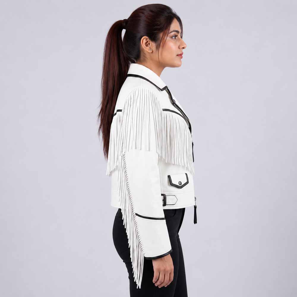 Women's White Real Leather Biker Jacket with Western Fringe in Slim Fit