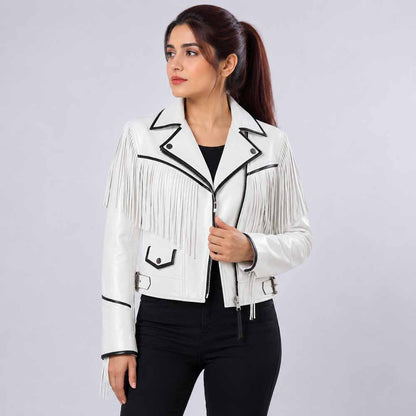 Women's White Real Leather Biker Jacket with Western Fringe in Slim Fit