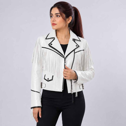 Women's White Real Leather Biker Jacket with Western Fringe in Slim Fit