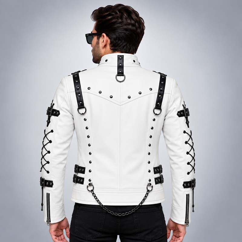 White punk biker jacket with buckle straps and metal rivets