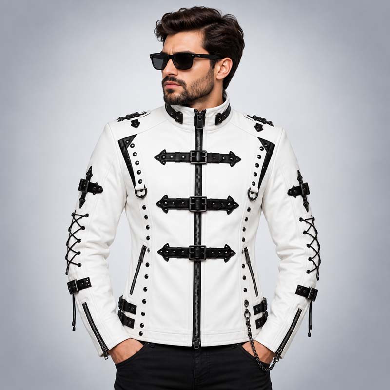 Men's white gothic faux leather jacket with black contrast details