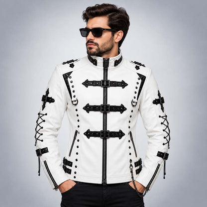 Men's white gothic faux leather jacket with black contrast details