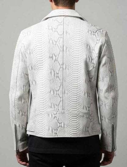 White Snake Print Leather Biker Jacket