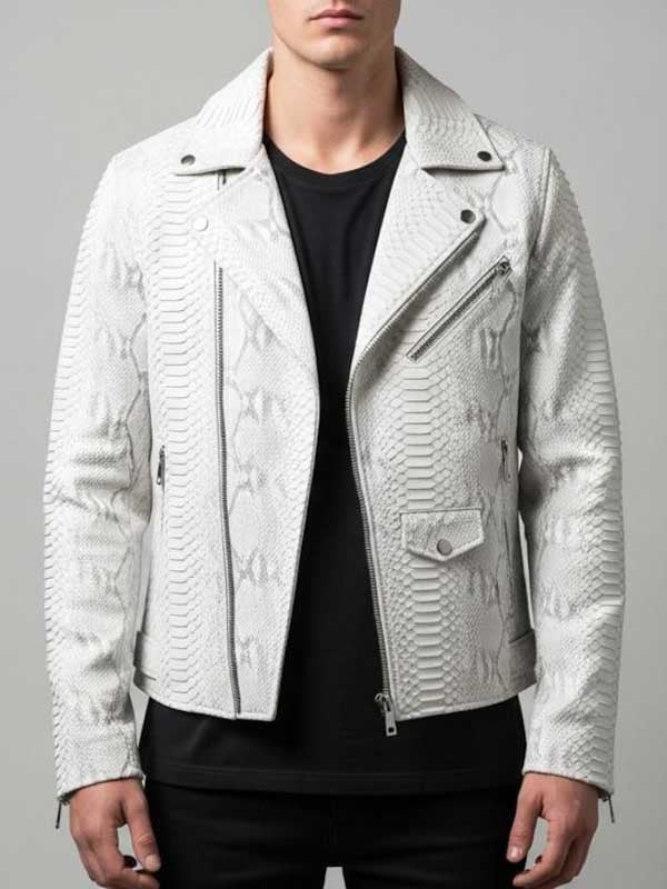 White Snake Print Leather Biker Jacket