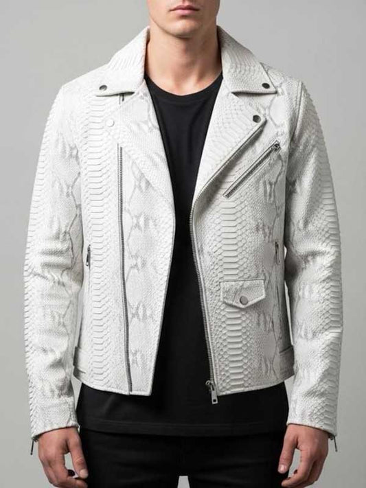 White Snake Print Leather Biker Jacket