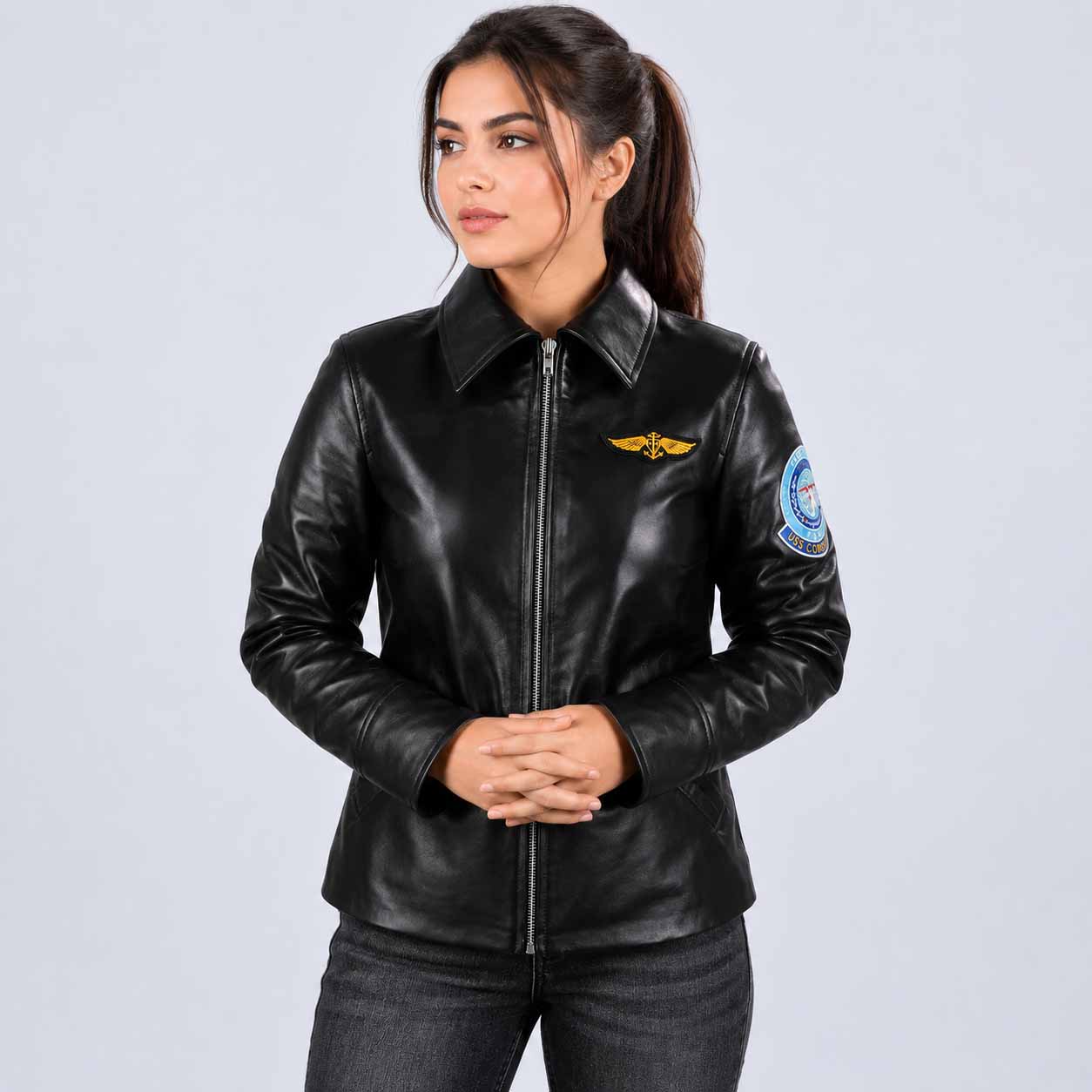 Women Black Sheepskin Leather Flight Jacket with Embroidered Patches