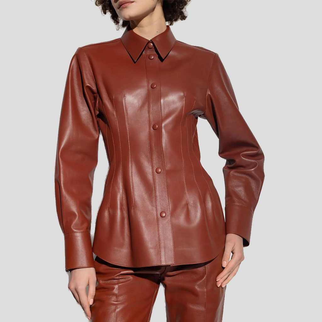 Women Bright Red Genuine Leather Shirt - Red Leather Shirt