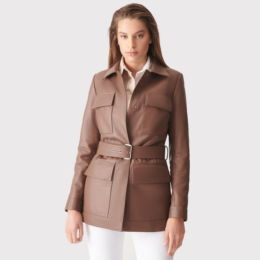 Women Brown Belted Real Leather Coat