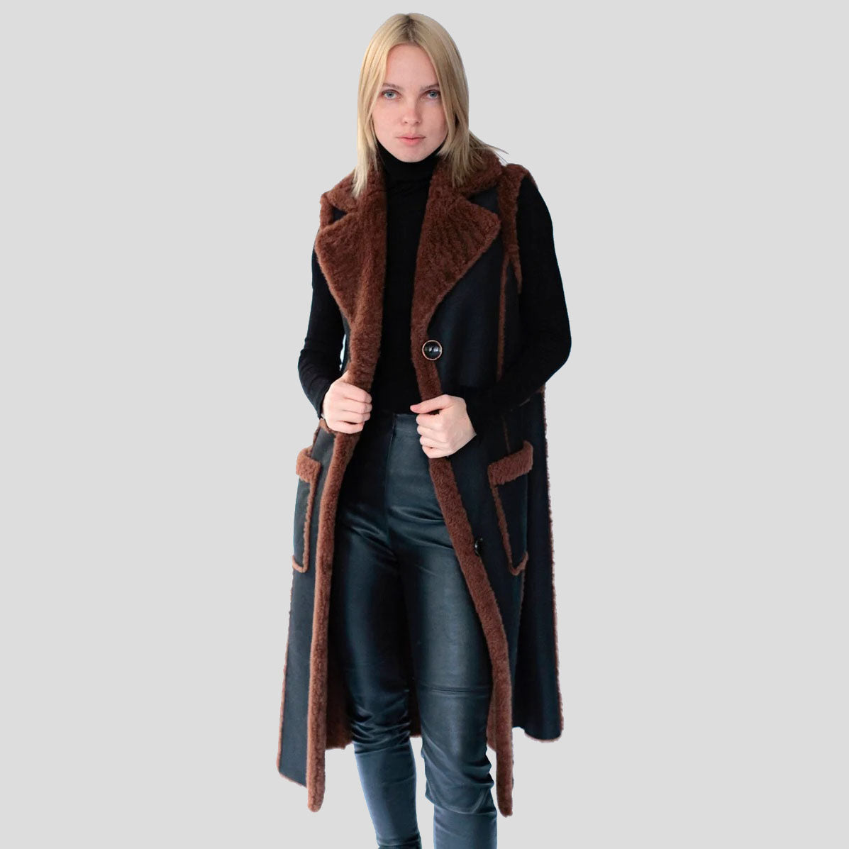 Women Brown and Black Curly Merino Long Vest